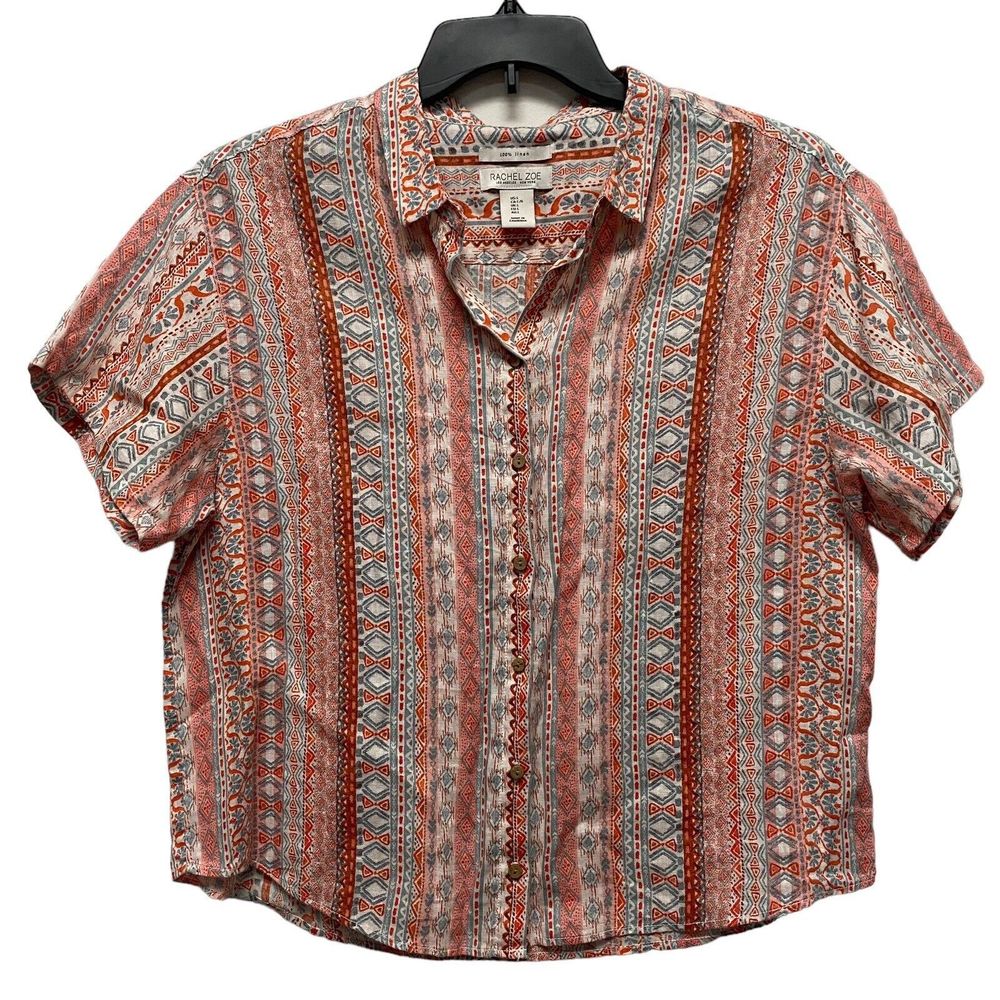 Rachel Zoe Womens Large 100% Linen Short Sleeve Pink Orange Button Shirt Printed